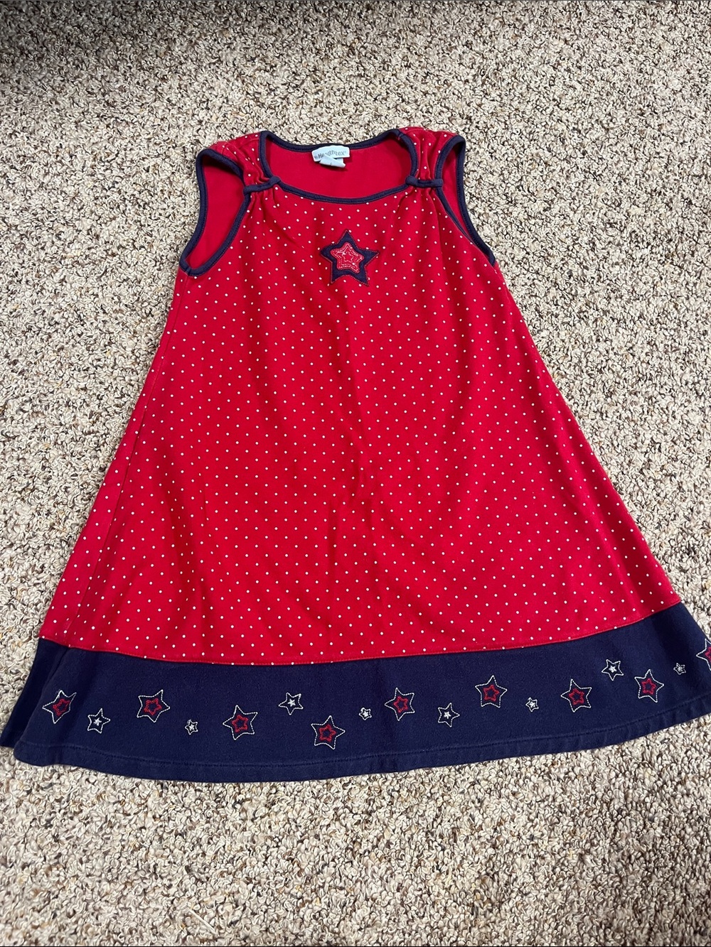 🍀6/$20 Healthtex Red Polka Dot and stars Dress with Navy Trim